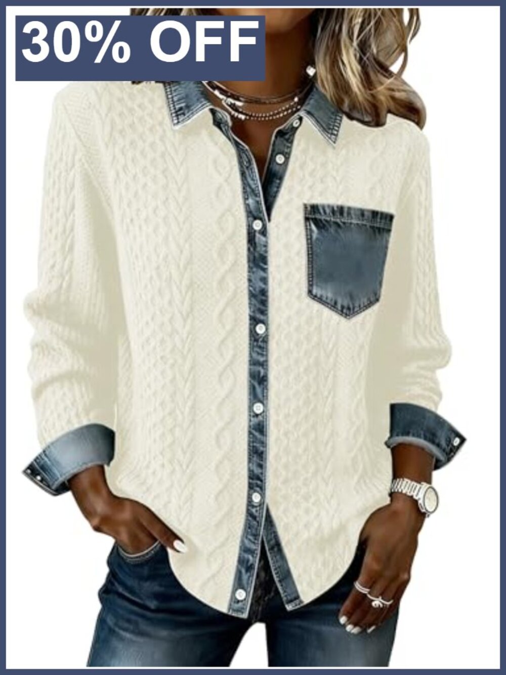 Women's Cable Knit Denim Patchwork Shacket Loose Fit Casual Jacket